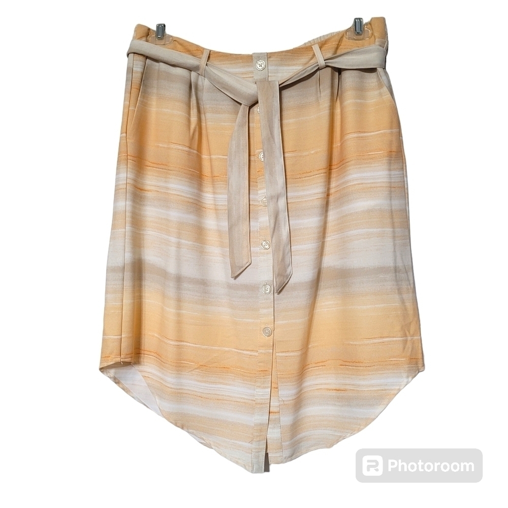 Cato Orange Striped Button Front Belted Flowy Rounded Hem Midi Skirt Size Large‎